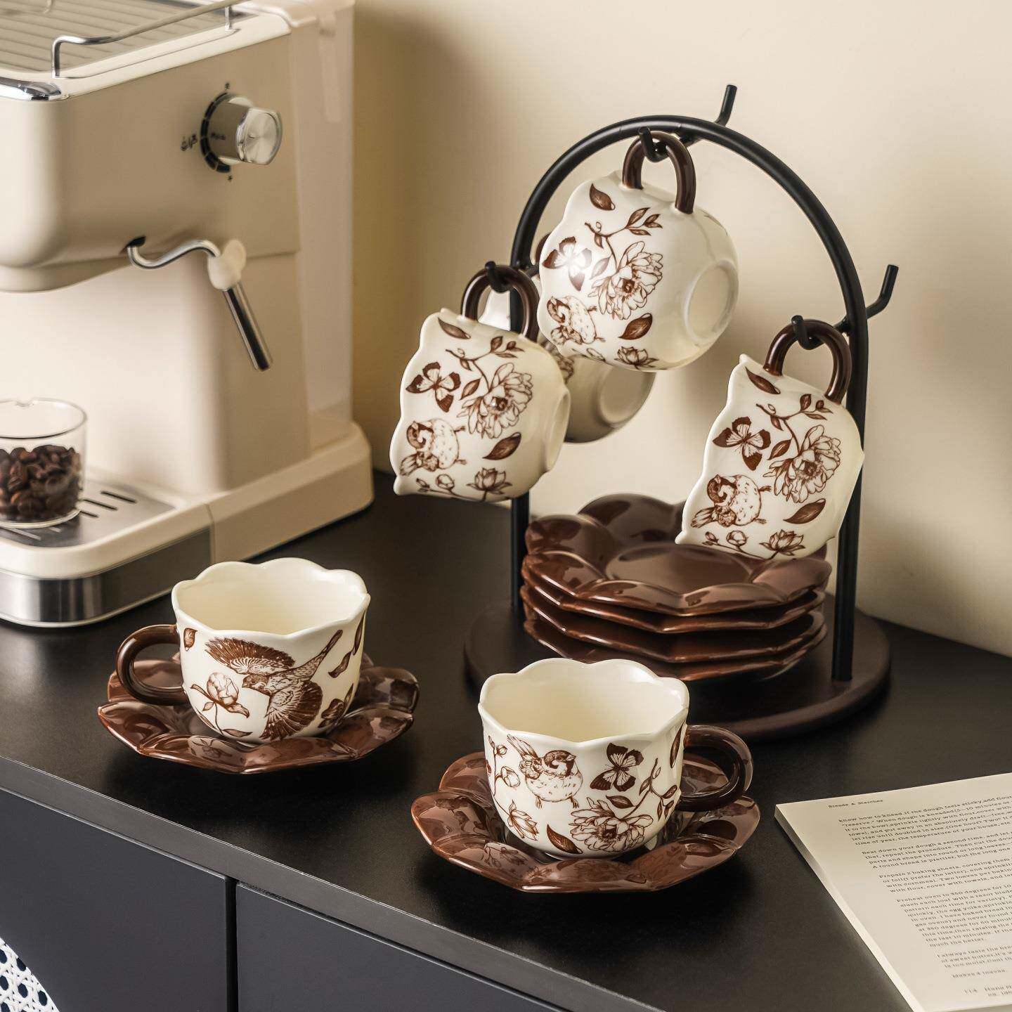 新品杯田园百合咖啡碟套装收架家用客厅轻配奢纳陶瓷咖啡91456杯