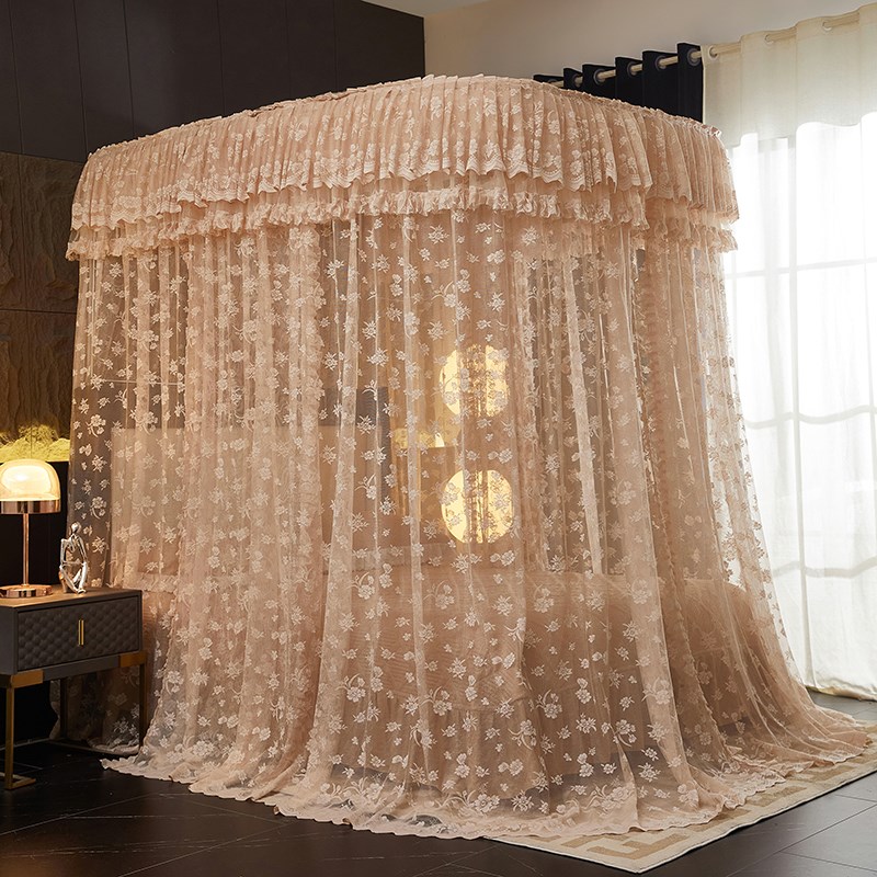 2025a新款轻奢刺绣提花蕾丝U型导轨双层纱蚊帐加密厚滑轨道家用a