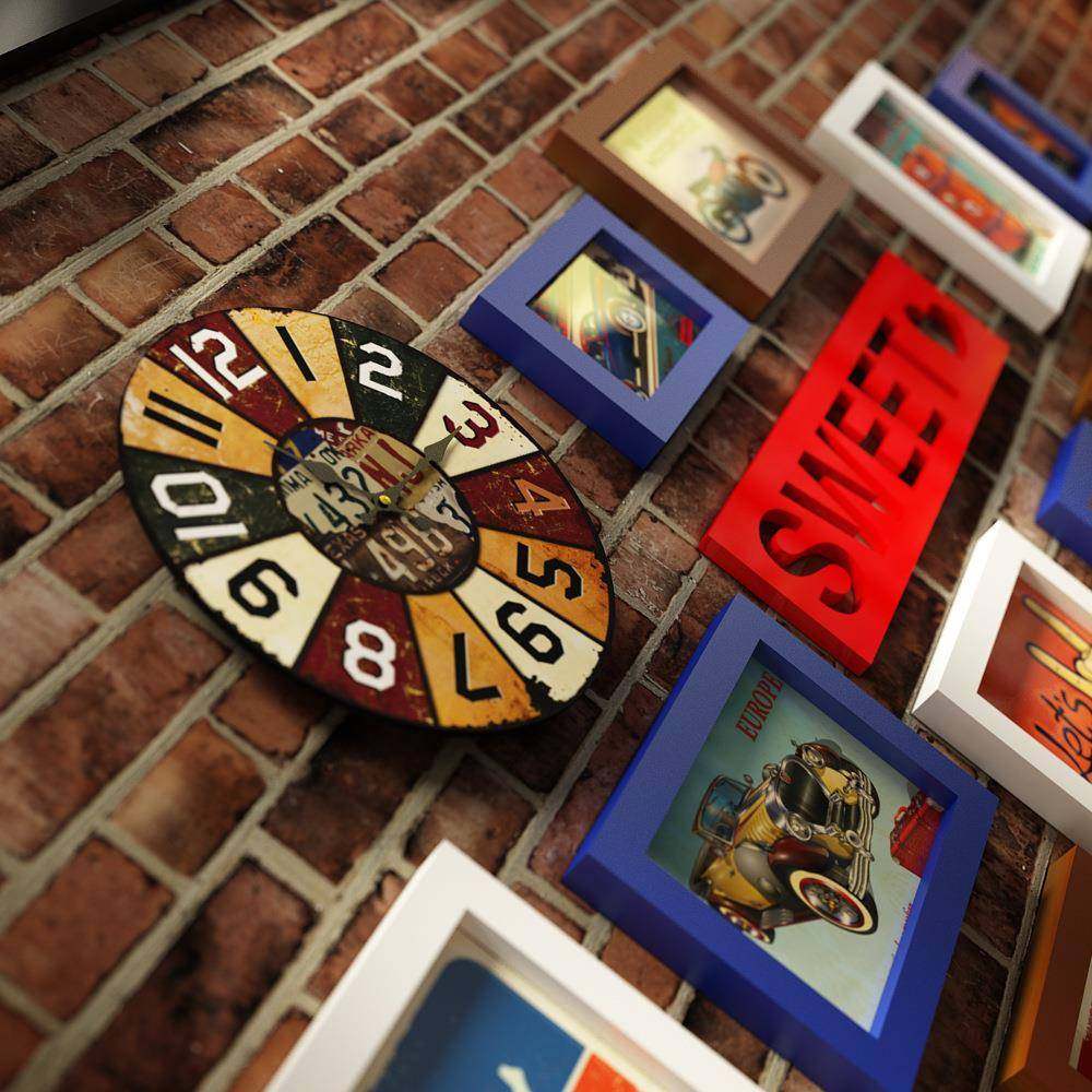 高分子_0072工墙业风照片挂复古组钟相框酒吧0072可换合照片装饰