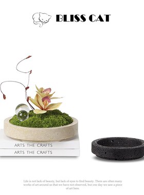 现代简约圆形黄色大理石苔藓花盆售楼处样板房茶几洽谈桌绿植花瓶