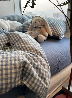 ins水洗棉蓝色小格子床上用品四件套文艺1.5m1.8米学生宿舍三件套