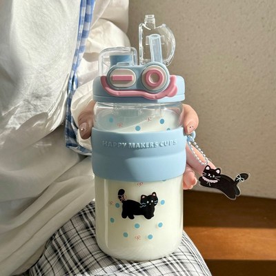 水杯玻璃杯女高颜值泡茶杯2024新款上学带盖耐高温便携式吸管杯子