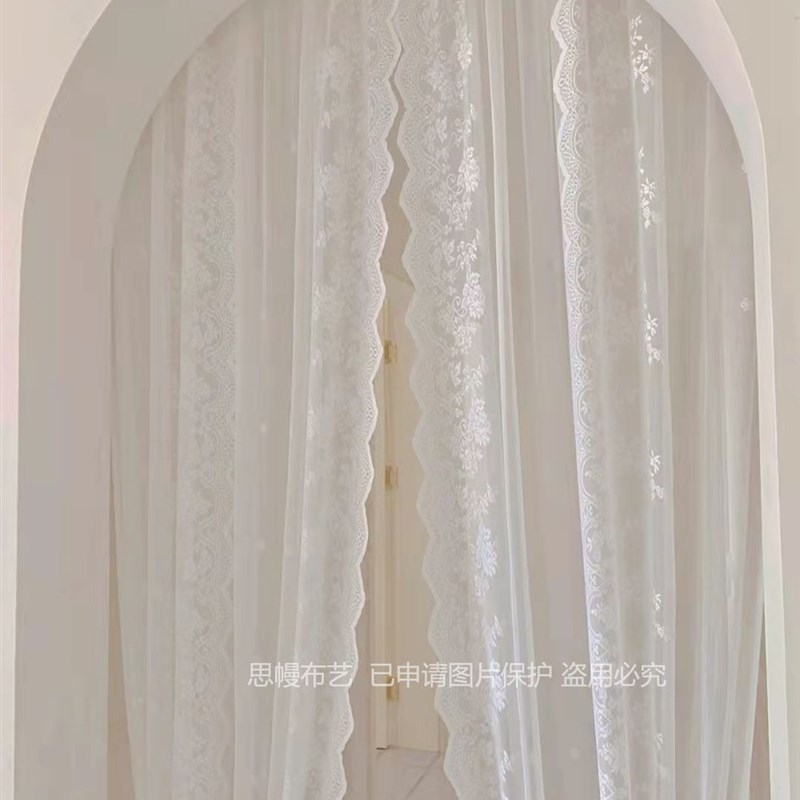 免打孔魔术贴法式蕾丝门帘波浪半帘短帘隔断帘白纱落地卧室穿杆帘