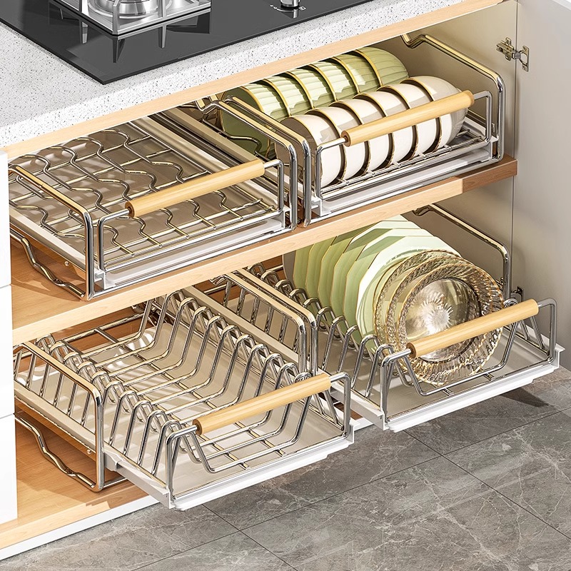 抽拉碗架厨房橱柜内置不锈钢拉篮抽屉式碗碟收纳架碗盘碗筷沥水架