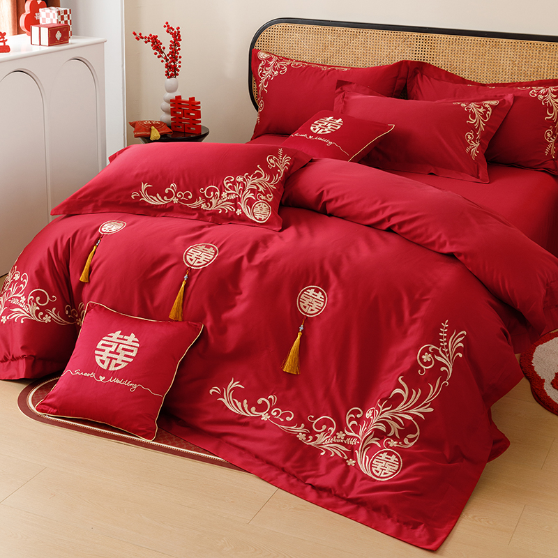 简约中式婚庆四件组100S长绒棉全棉纯棉被套结婚喜字刺绣床上用品