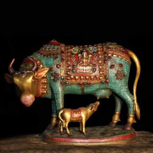 工艺纯铜黄铜宝石绘镶老牛家居装饰摆件彩母子牛尼泊尔平安牛招财