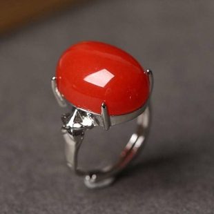 南红色戒指925银戒指简约玛瑙色蛋面指环镶钻活口男女情侣款