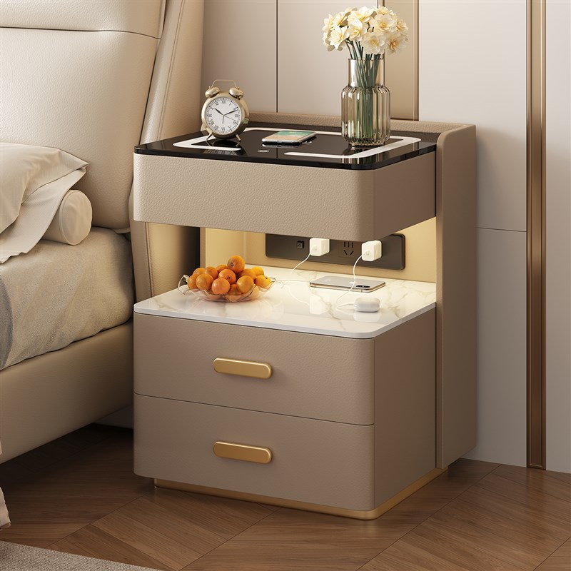 简约现代新款智能k实木床头柜主卧室多功能带灯无线充电家用指纹