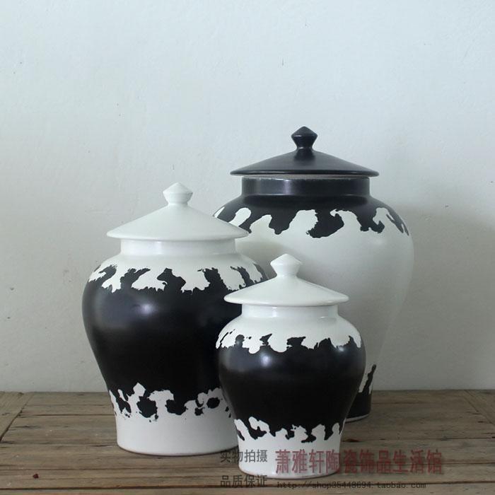 现代简约家居摆件 创意黑v白色新中式陶储物罐三件套 软装饰品