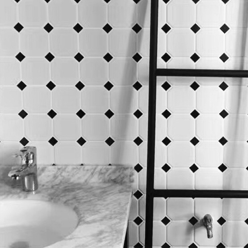 北欧黑白大八角马赛克瓷砖厨房卫生间防滑小地P砖阳台浴室简约墙