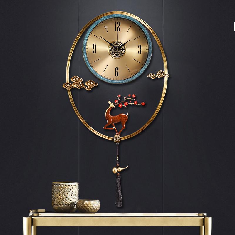 新中式纯铜挂钟客厅家用现代轻奢墙面装饰钟表艺术2024.新款鹿时