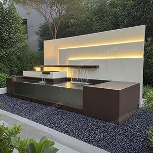 户外庭院欢迎背景深棕色现代风格 水幕流水墙园林景观屏风影 独特