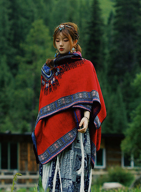 拍照敲好看~大西l北旅行超大外搭披肩女民族风红色围巾冬斗篷披风