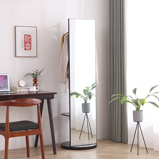 可旋转实木穿衣镜落地镜家用试衣镜子铜素移动带挂衣架一体全身镜