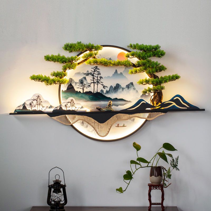新中式3d立体装饰画带灯玄关客厅背景墙上仿真迎客松铁艺山水挂画