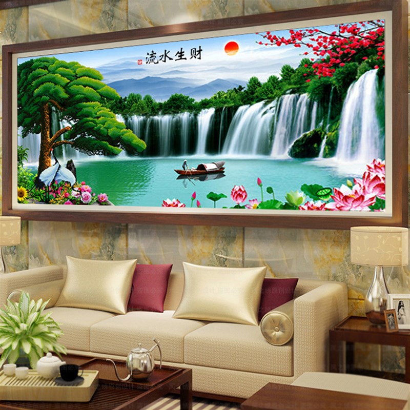 新款钻石画流f水生财贴钻十字绣迎客松客厅大幅山水画风景满砖石