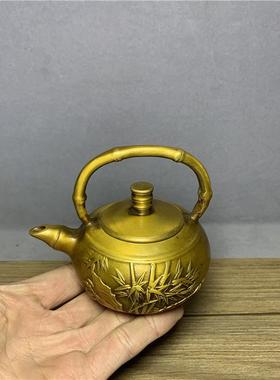仿古古黄铜茶壶竹茶精铸青DAK竹铜壶节节高升复铜茶壶茶香青杯二