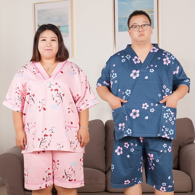 高档10胖0情侣家居服斤纯棉%特大码男女加肥款0睡衣汗蒸服30套装