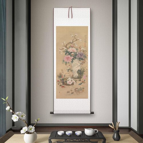 《岁朝清供d图》中式客厅书房茶室装饰画挂画玄关水墨高清卷轴字