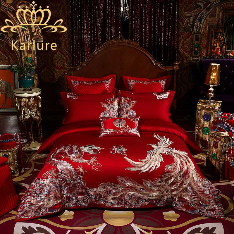 新品结婚床上用品四件套中式婚礼奢华全棉床单纯棉龙X凤婚庆床单