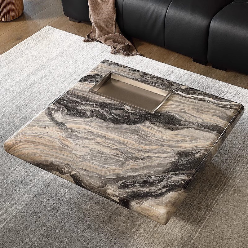 威尼斯棕意式极简大理石茶几高级感悬浮下沉式高S端客厅方形茶几