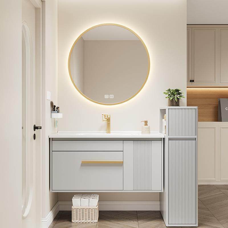 轻奢风实木浴室柜侧柜组合智能风水镜柜隔断边柜定制陶瓷一体盆柜