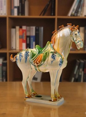 博物馆复制唐三彩马陶瓷r三花马对马摆件中式复古博古架装饰工艺