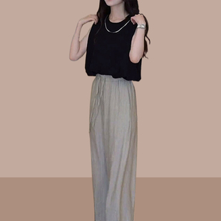 时尚套装女夏季新款洋气无袖圆领韩版垂感阔腿裤宽V松百搭减龄套