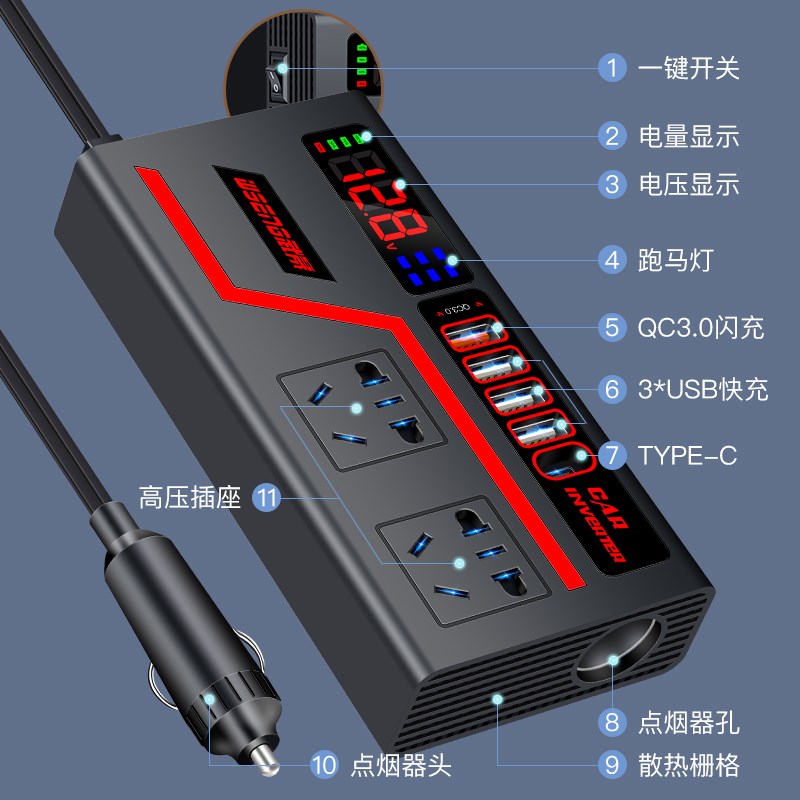 车载逆变转换器12v24v转220v大功率快充电器多功能点烟器电源插座