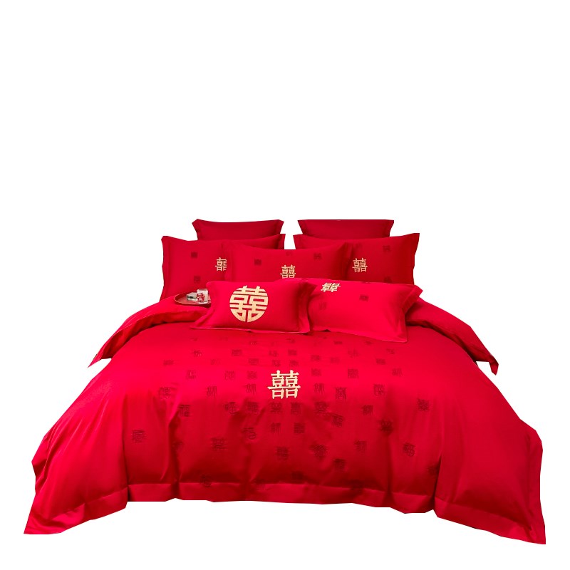 中式婚庆四件套大红色婚礼新婚陪嫁被套纯棉结婚床上用品婚房喜被
