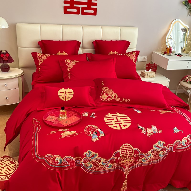 档中式纯棉结婚四件套红色百子图刺绣被套全棉婚庆床上用品婚房