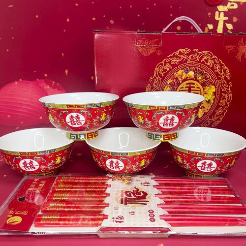结婚高脚碗红f碗新人陪嫁碗筷套装陶瓷红色乔迁温州搬家新居乔迁
