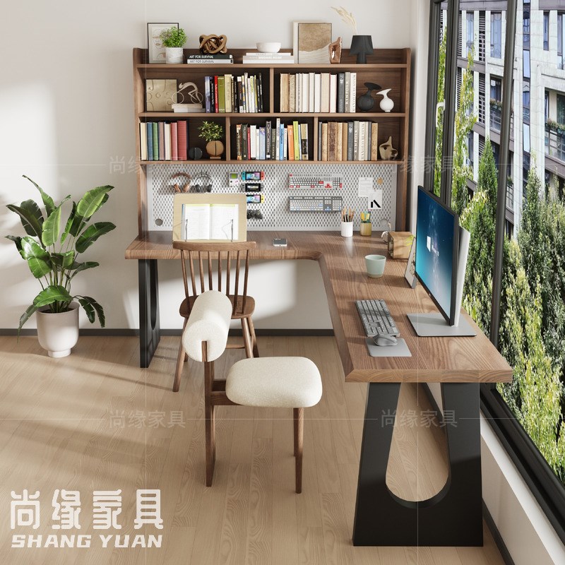 实木转角书桌书柜靠墙拐角儿童学习桌 书房l型双人电脑桌书架一体