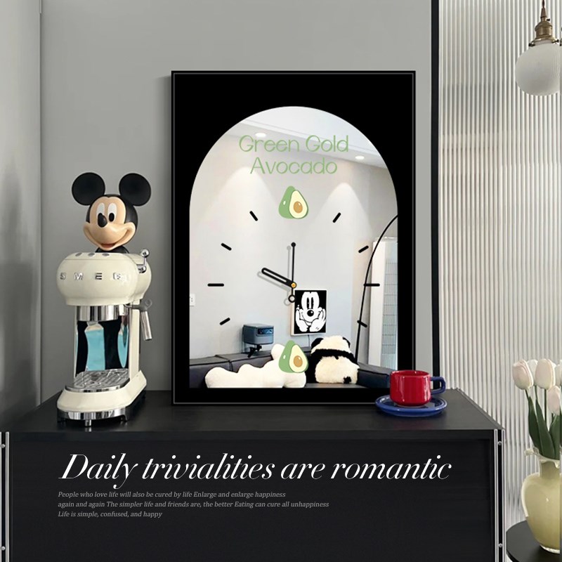 黑白高级桌面镜子装饰画小众艺术卧室床头钟表挂画玄关柜镜面摆画