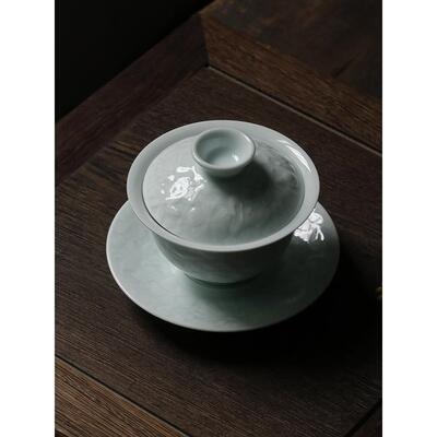 景德镇影青雕刻万花纹盖碗陶瓷三才碗功夫茶具盖杯敬茶杯宋宴茶具