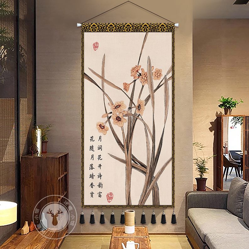 挂画挂布饭店荷花挂毯餐厅新中式楼茶玄关背景墙装饰画走廊布艺图片