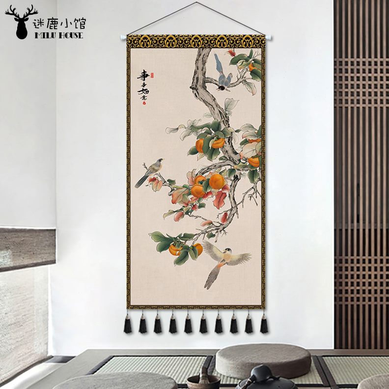 现代中式背景墙装饰酒店玄关招财挂布挂画轻奢直播画布艺挂毯走廊图片