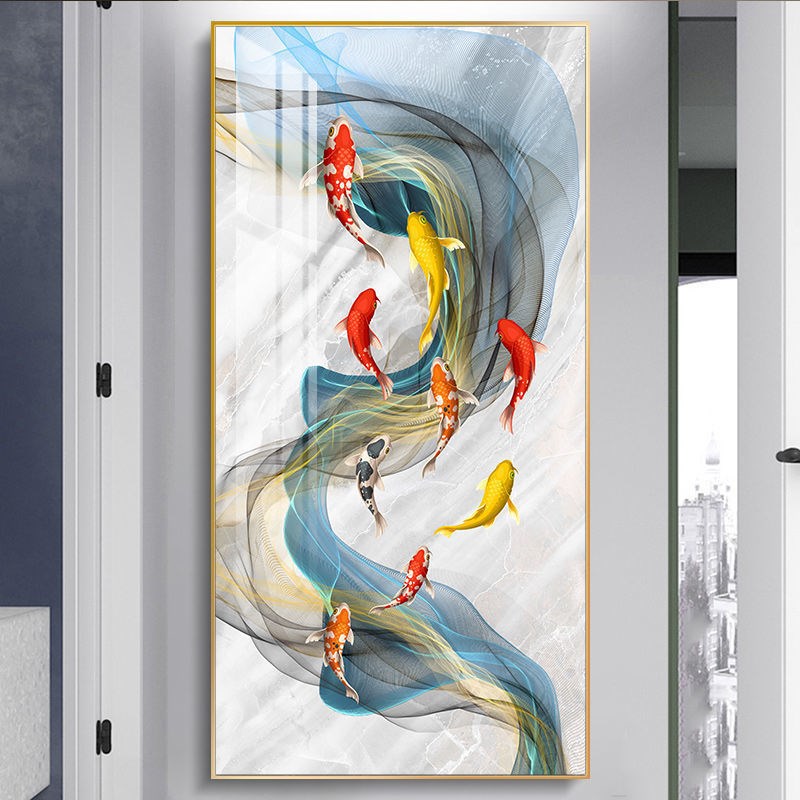 现代简约玄关装饰画走廊过道竖版九鱼图挂画客厅酒店工装晶瓷挂画图片
