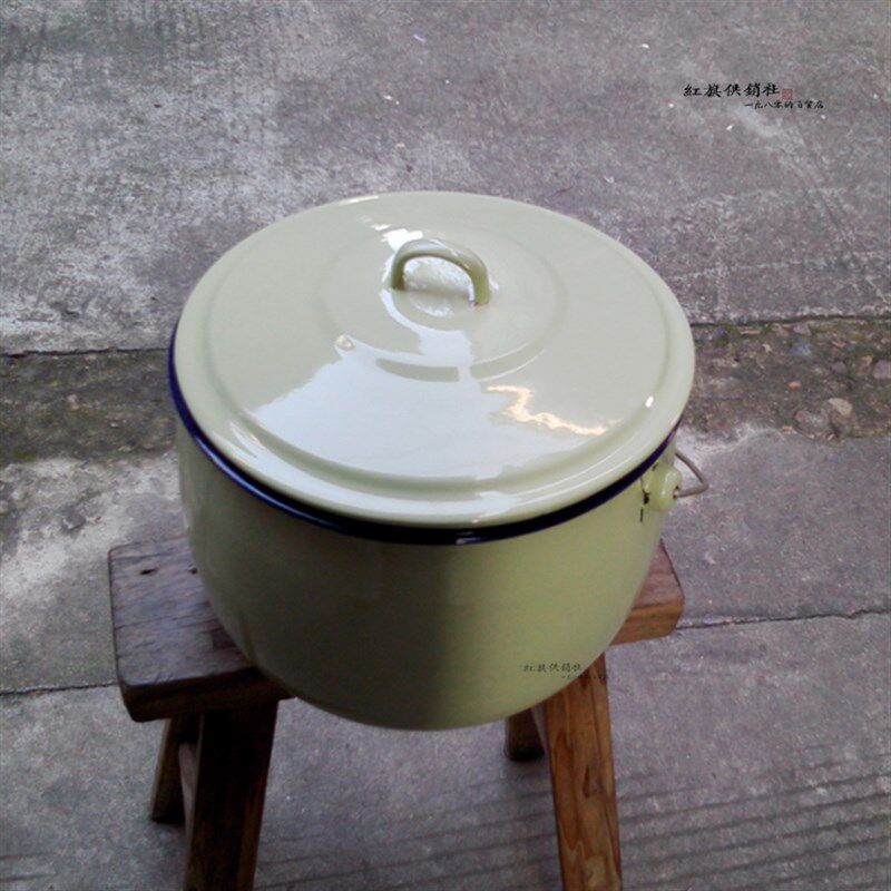 【 老库存】 98o年左右 搪瓷盆 带盖提环油钵 米缸 汤盆