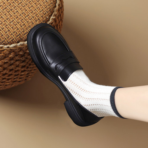 乐福鞋女2024春新款英伦风厚底小F皮鞋一脚蹬女鞋玛丽珍黑色单鞋