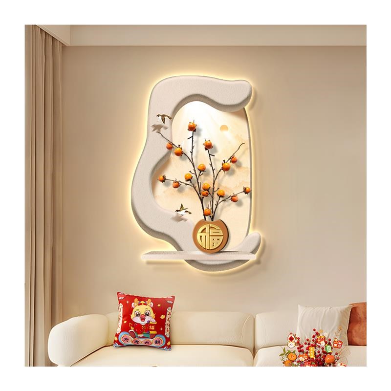 新中式玄关装饰画入户门正对墙柿子发光挂画走廊过道寓意好壁画