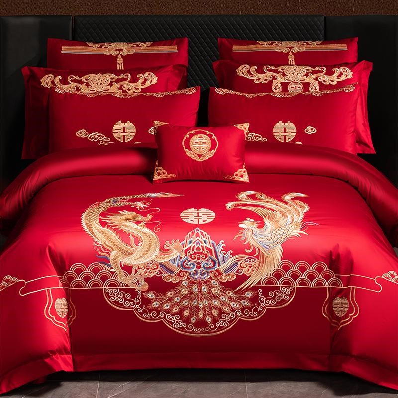 高端长绒棉婚庆四件套大红纯棉全棉磨毛喜被龙凤刺绣结婚床上用品