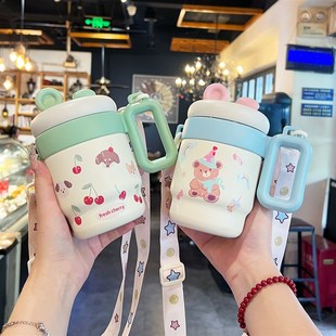 保温杯女生2025新款高颜值316不锈钢吸管水杯儿童学生带把手杯子