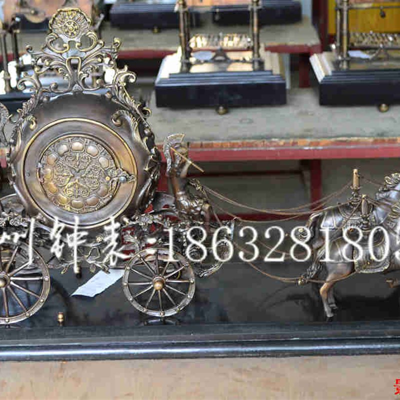 钟表 二马拉车古典座钟 纯铜机械报时 十五天机芯 战车西洋古典钟