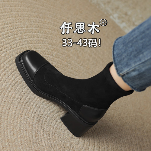 胖脚肥脚宽大e码女鞋41一43秋款新款短靴女粗跟高跟鞋棕色40方头4