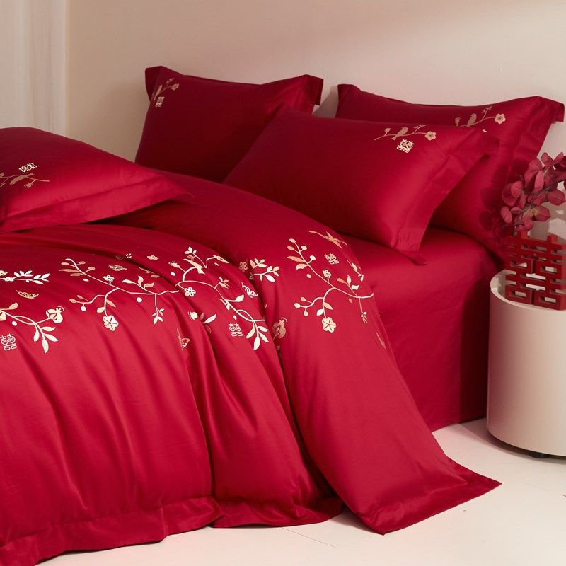高端结婚四件套长绒棉红色刺绣被套纯棉床单婚庆喜被床上用品备婚