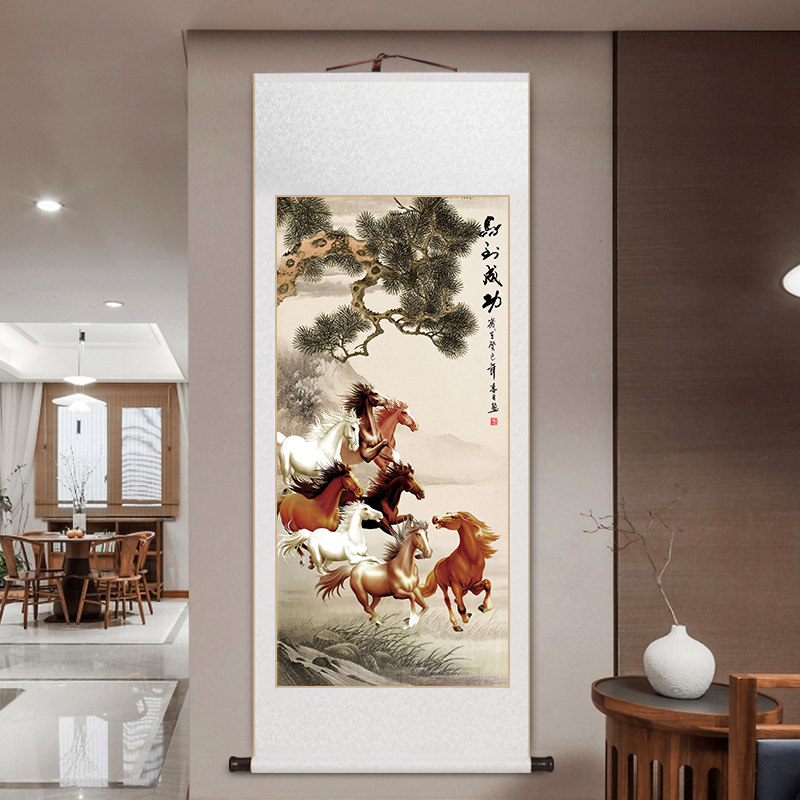马到成功挂画中式客厅玄关装饰画卷轴装裱老板办公室字画茶室壁画