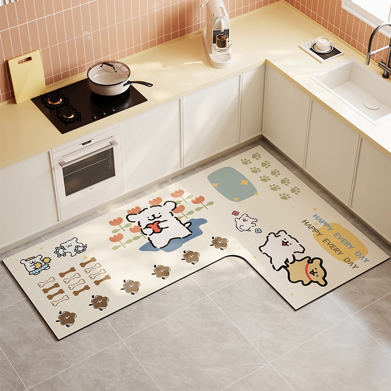 可爱卡通狗狗地垫厨房专用L形一体脚垫家用门口防滑防油整铺垫子