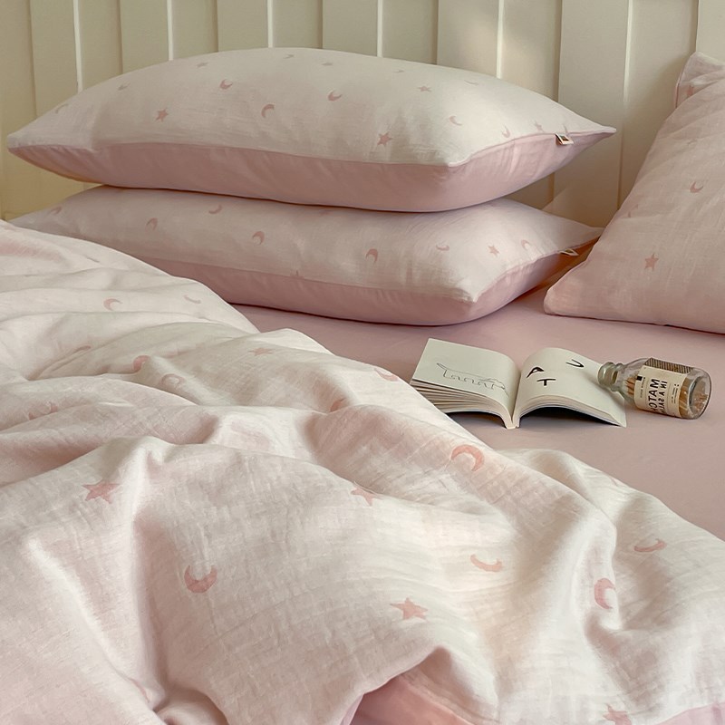 粉色少女心丨双层纱四件套全棉床单被套超柔软高级感提花床品