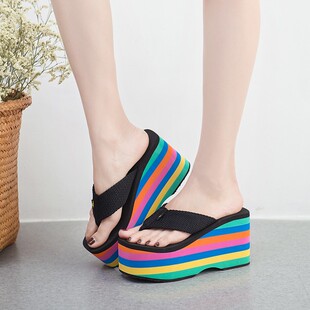 沙滩海边拖鞋女夏厚底人字拖坡跟夹板拖鞋女夏百搭V民族风拖鞋女